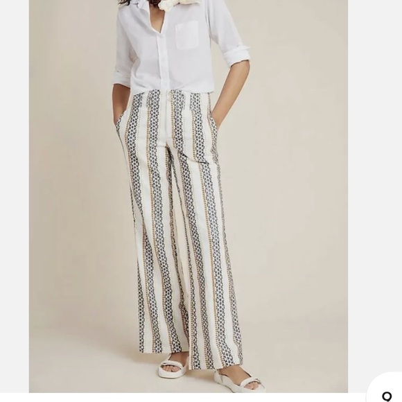Anthropologie - Embroidered linen Striped Boho Wide Leg High Rise Eyelet Pants - Picture 1 of 6